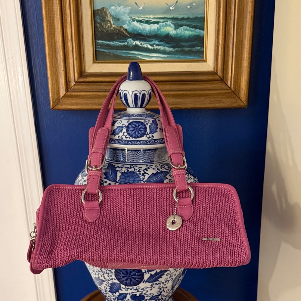Women’s The Sak Pink Crochet Knit Two-Handled Zippered Barrel Shoulder Bag
